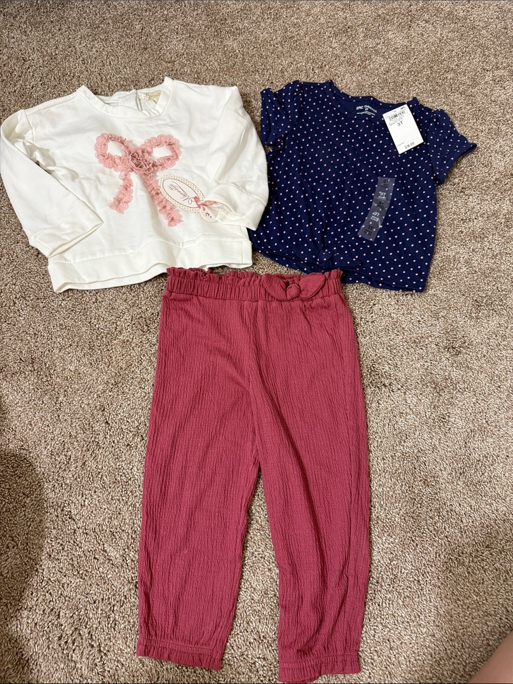3-Piece Girls Outfit — Navy Dot Tee, Cream Bow Sweatshirt & Rose Pink Pants